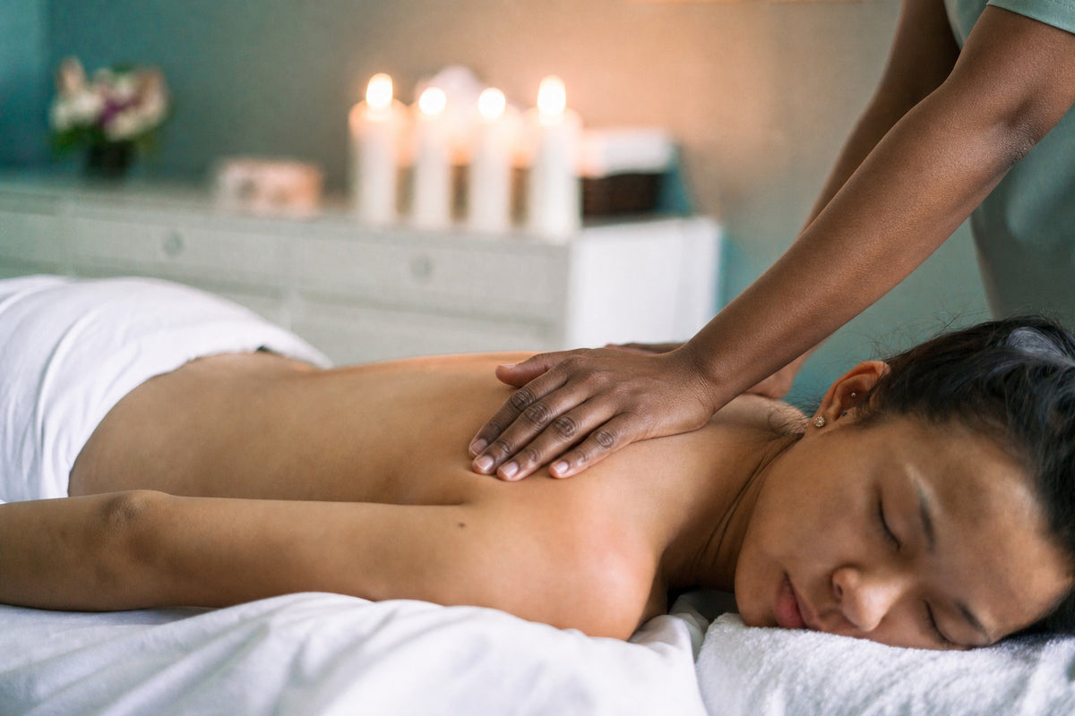 Illustration : massage du dos en cabine, à la lumière des bougies