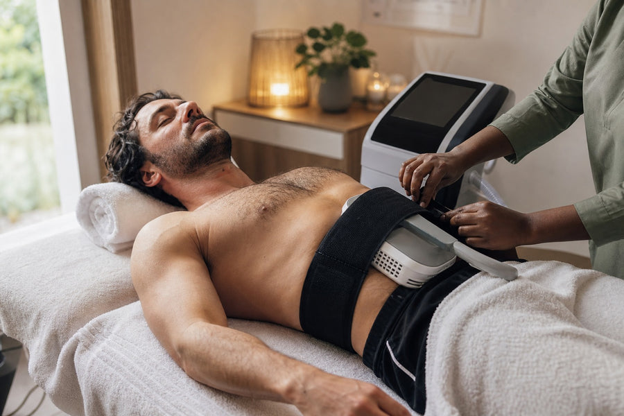 Illustration : stimulation musculaire, applicateur sur le ventre