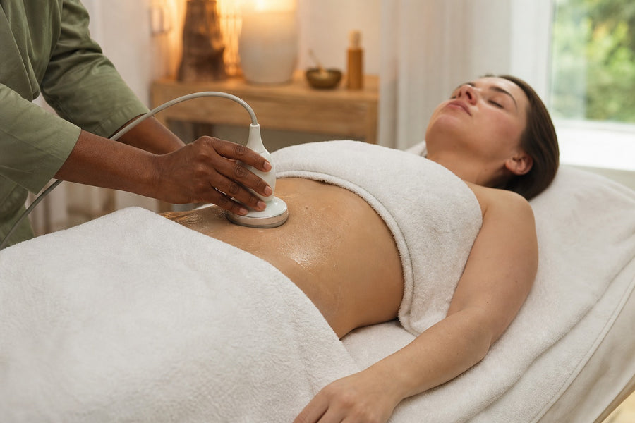 Illustration : lipocavitation, applicateur et gel sur le ventre