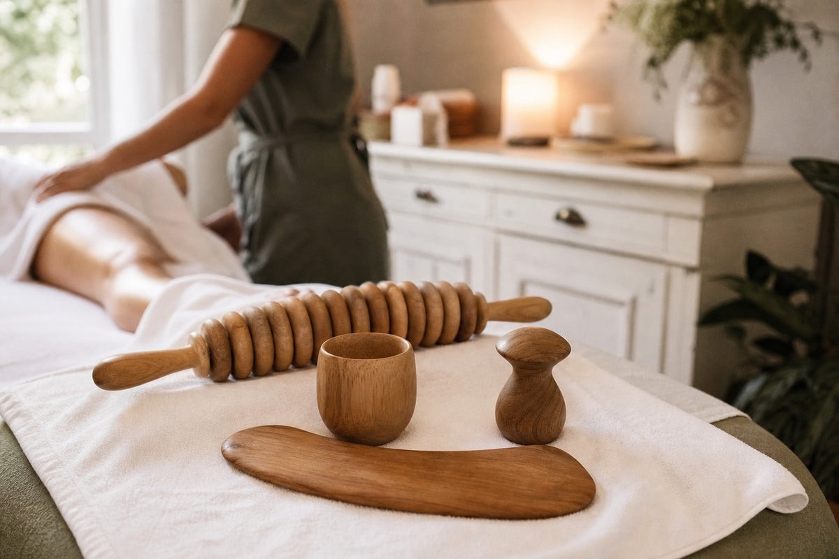 Illustration : instruments de madérothérapie en bois posés sur une serviette