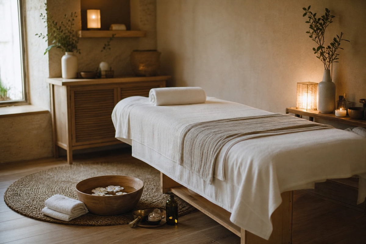 Illustration : cabine préparée pour le rituel, bol pour le bain des pieds